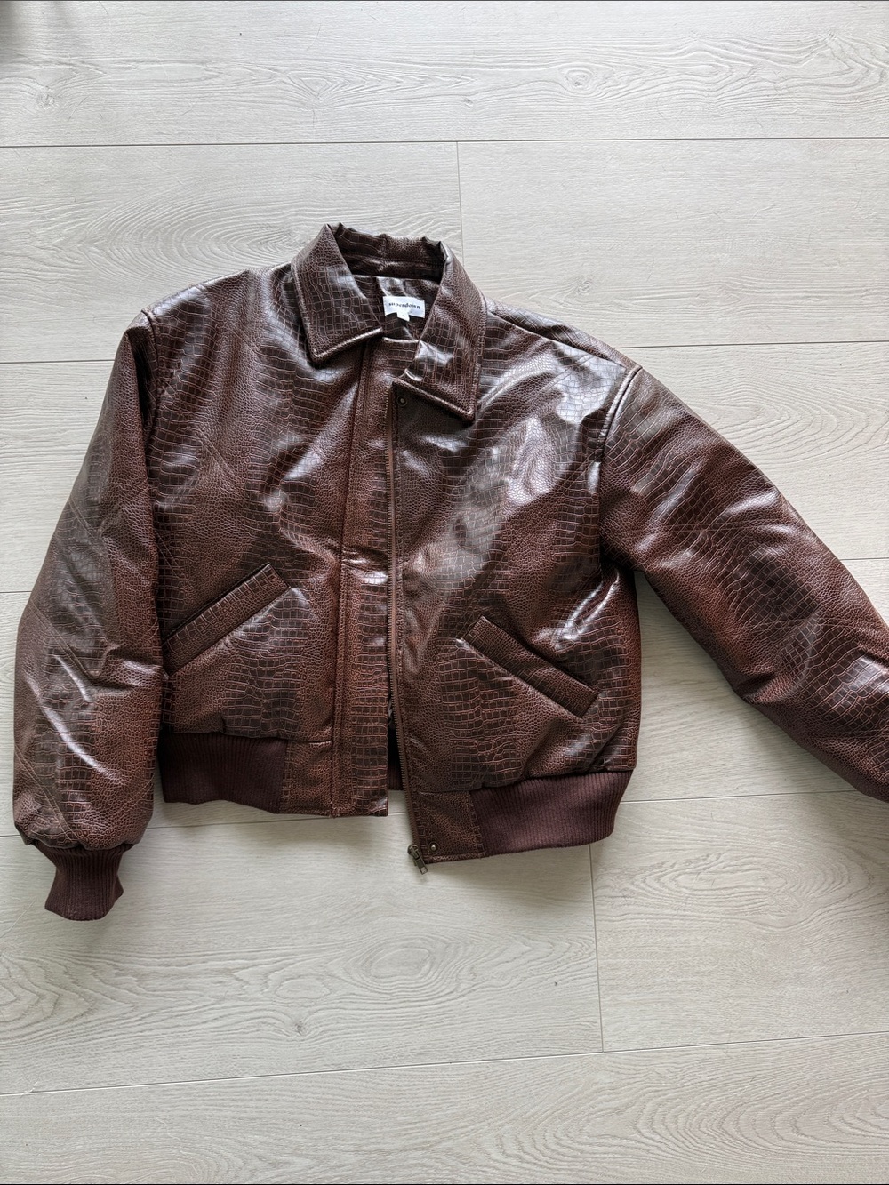 superdown Brown Faux Croc Bomber Jacket